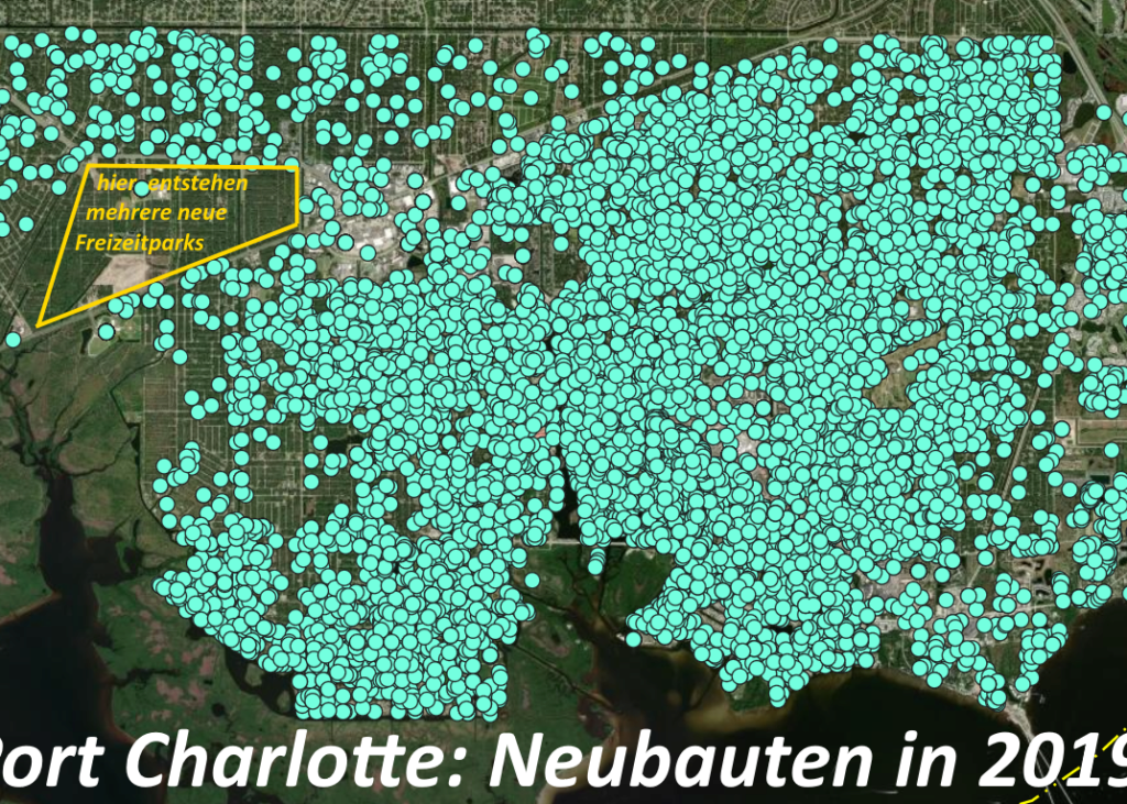 Eine Luftaufnahme von Port Charlotte. Port Charlotte bietet viele neue Attraktionen, welche schon heute und zukünftig Charlotte County sehr positiv prägen.