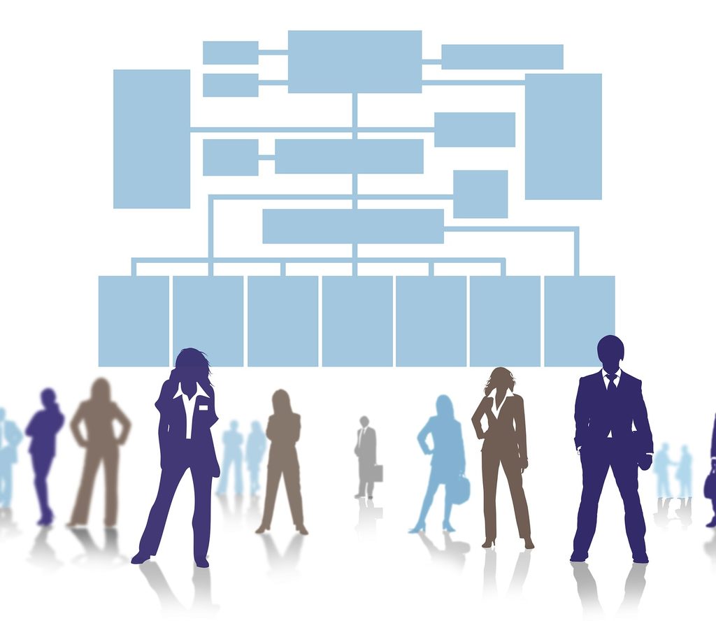 Zeichnung von Geschäftsleuten allen Geschlechts und einer übergeordneten Organisationsstruktur