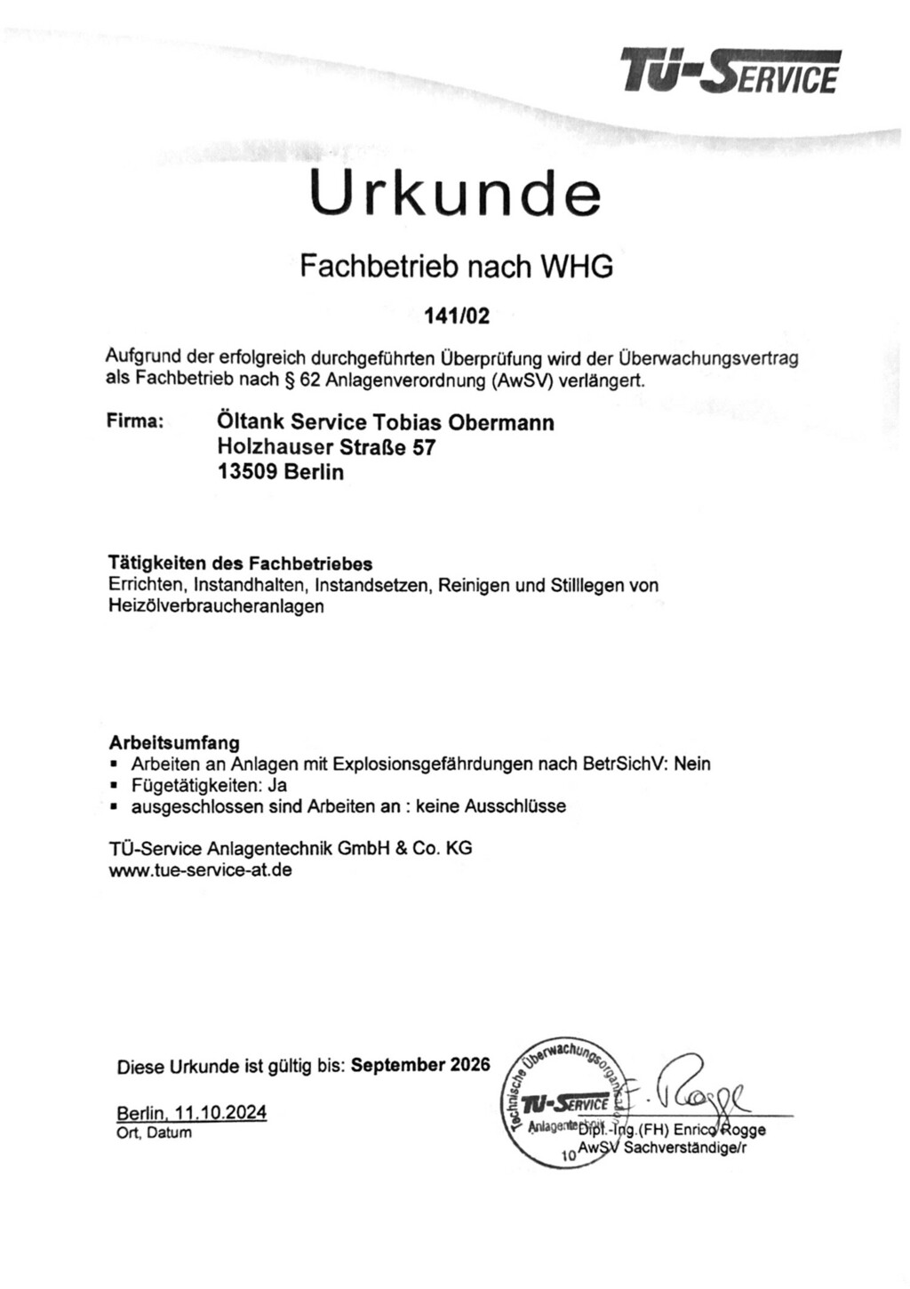 Öltankentsorgung Klaus Obermann Berlin - Urkunde