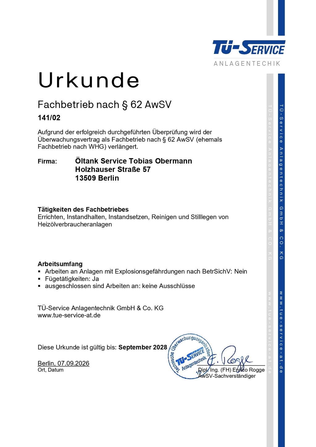 Öltankentsorgung Klaus Obermann Berlin - Urkunde