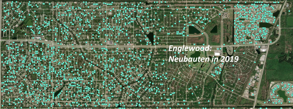 Blick auf Englewood. Der Norden und Westen wurde schon vor 80 Jahren bebaut und breitet sich heute über Englewood Ost weiter aus