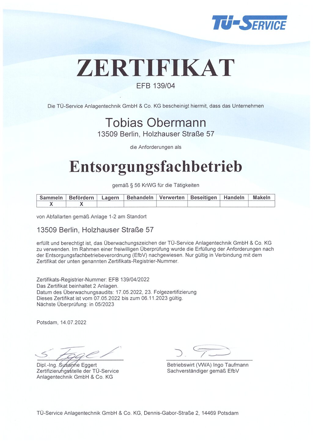 Öltankentsorgung Klaus Obermann Berlin - Zertifikat