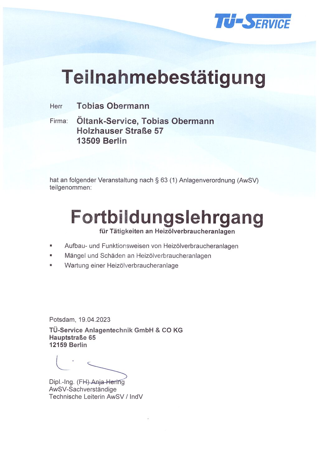 Öltankentsorgung Klaus Obermann Berlin - Teilnahmebestätigung Fortbildungslehrgang