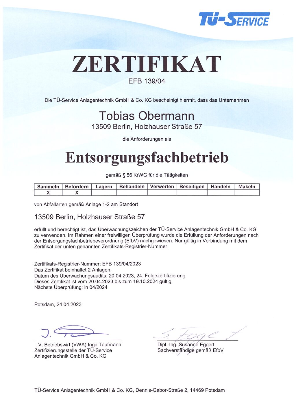 Öltankentsorgung Klaus Obermann Berlin - Zertifikat