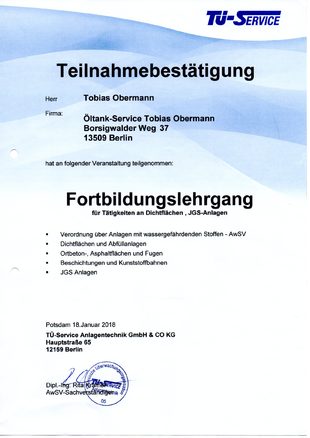 Öltankentsorgung Klaus Obermann Berlin - Teilnahmebestätigung Fortbildungslehrgang