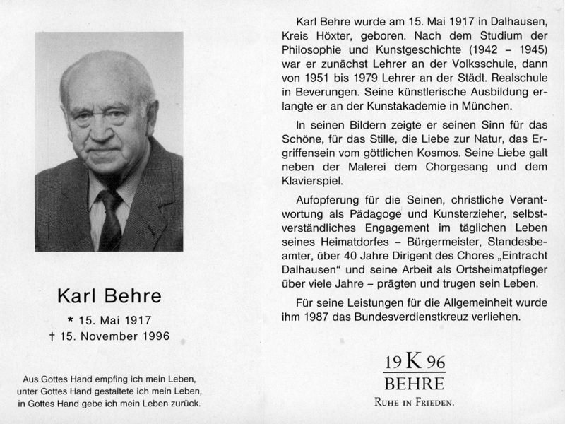 Gedenkzettel von Karl Behre nach seinem Tod am 15. November 1996