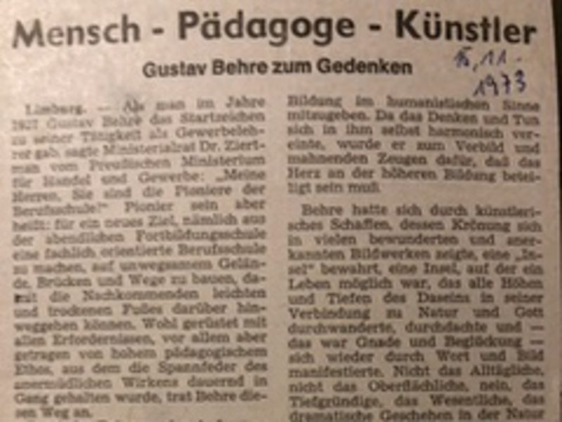 Zeitungsbericht zum Gedenken an Gustav Behre vom 5. November 1973.