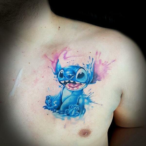 Disney Stitch Watercolor Brust Tattoo