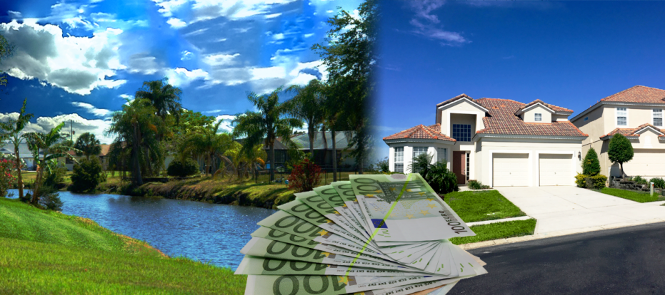 Frischwasserkanal und amerikanische Villa in Südwest Florida auf der Rotonda Halbinsel mit Euroscheinen